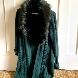 Beautiful long sweater jacket with detachable faux fur trim